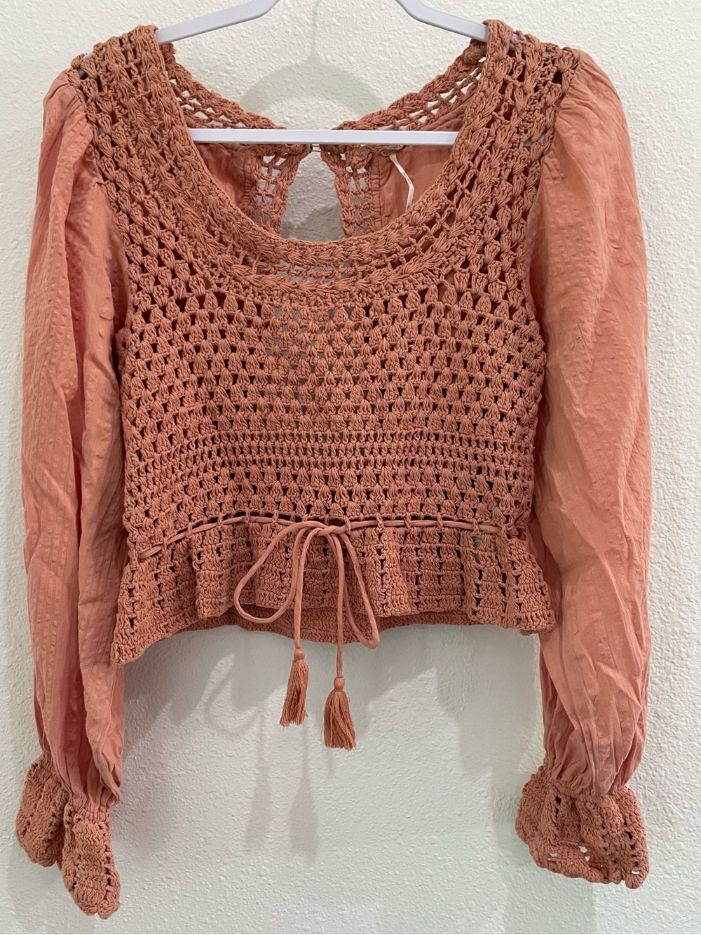 Free People Crochet Feminine Long Sleeve Top Boho Puff Sleeve Vintage